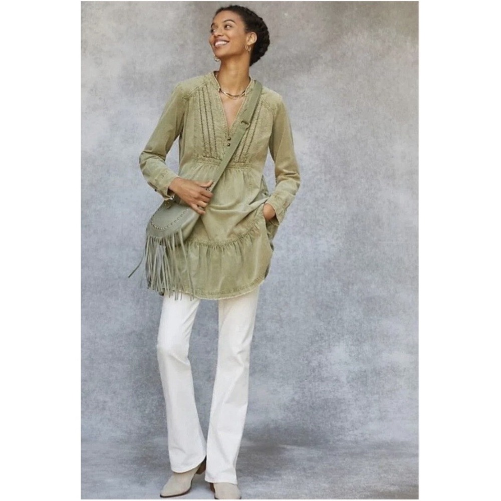 Pilcro Anthropologie Corduroy Dress Green‎ Aline V Neck Sz Small Raw Hem Cottage